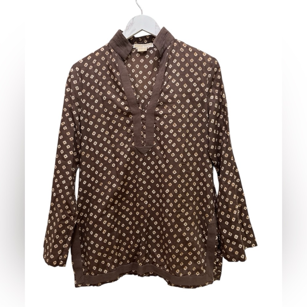 Michael Kors Brown Boho Tunic Top Coverup Short Dress Summer Large 100% Cotton